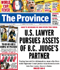 B.C. judge's partner hit with libel penalty of $250,000-The Province-Cover Story